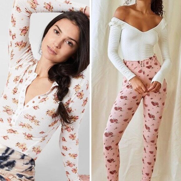 Free People - Blossom Knit Sleep Set Pants & LS Top | XS | Pink & White Floral - Picture 7 of 15